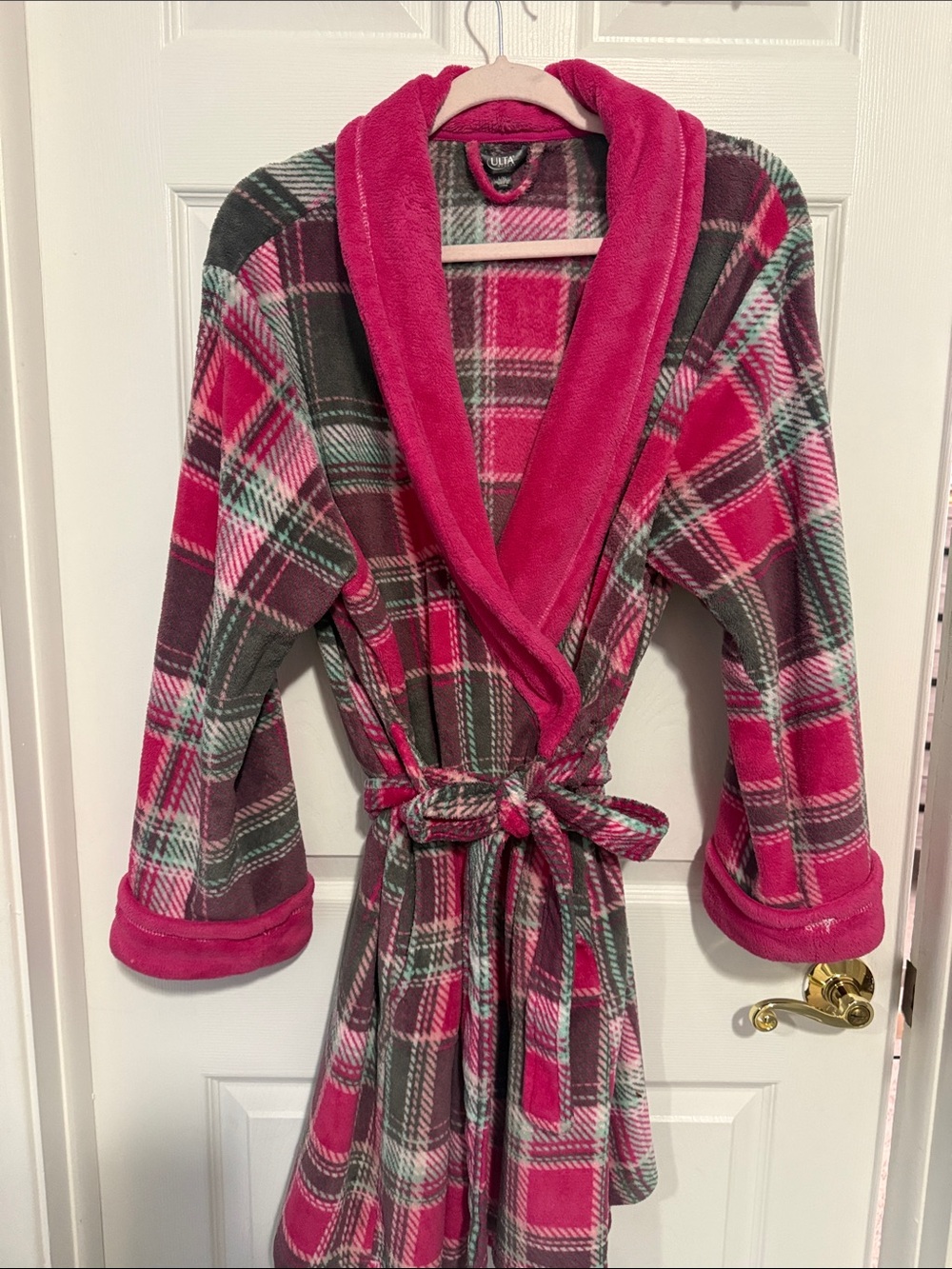 Plush Plaid Fleece Robe - Hot Pink & Gray Size L/XL *Brand New in Package*